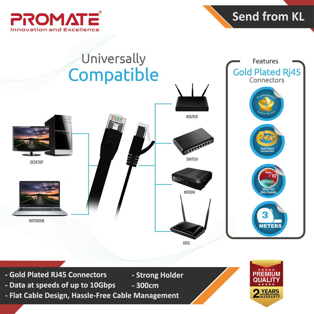 Promate High Speed CAT 6 Ethernet LAN Cable transmitting data at speeds of up to 10Gbps RJ45 connectors 300cm linkMate-L2L