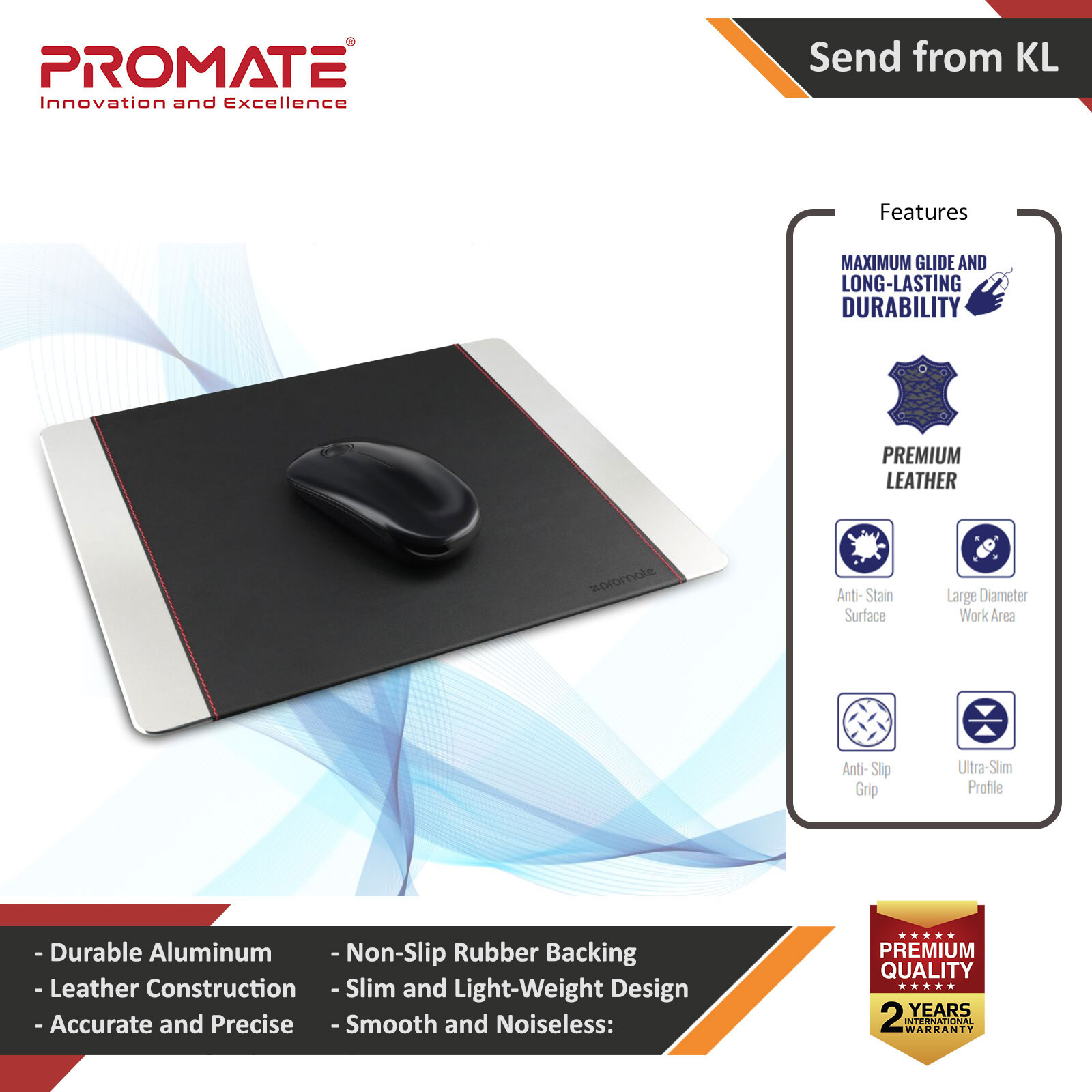 Promate Mouse Pad Premium Leather-Wrapped Anodized Aluminum Mouse Pad with Non-Slip Rubber Base for Fast Accurate Control and Large Working Area for Laptops PC Desktops MetaPad-Pro-Silver