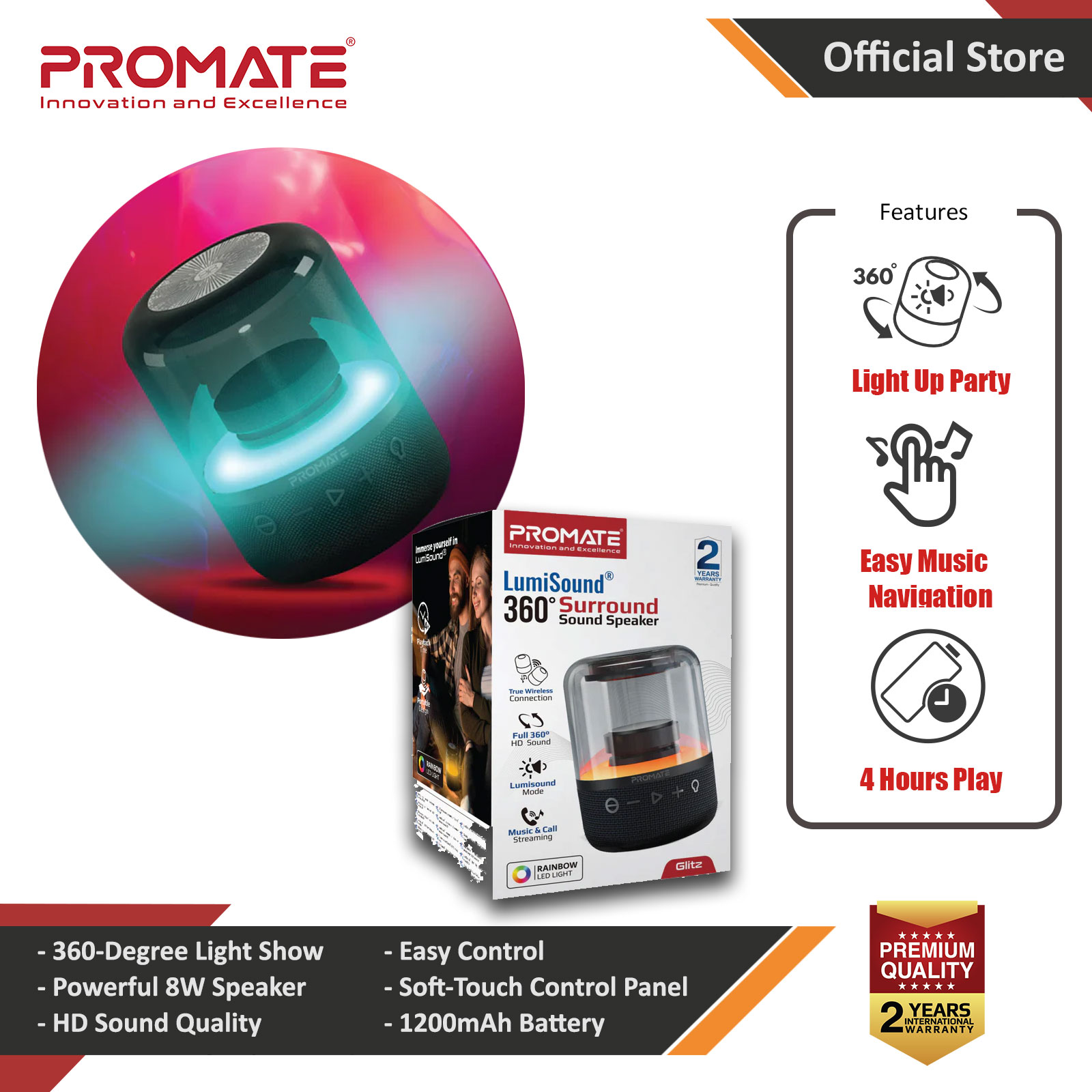 Promate LED Bluetooth Speaker with TWS  Aux Port Micro SD Card Slot USB Media Port 360 Sound and LED Glitz (Black)