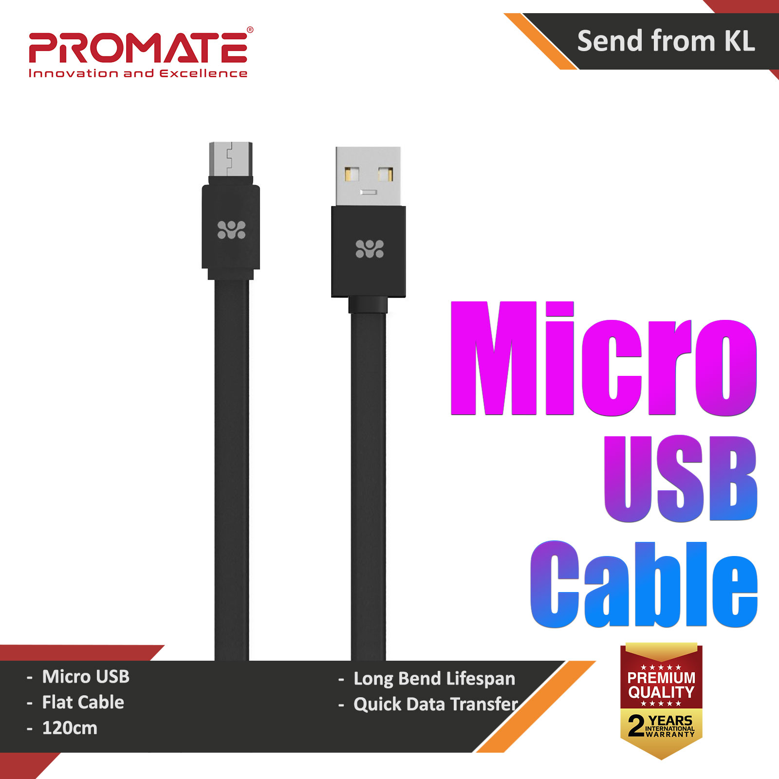 PROMATE LinkMate-U2F USB-A to Micro-USB Flat Cable for high-speed data transmission & charging 120cm