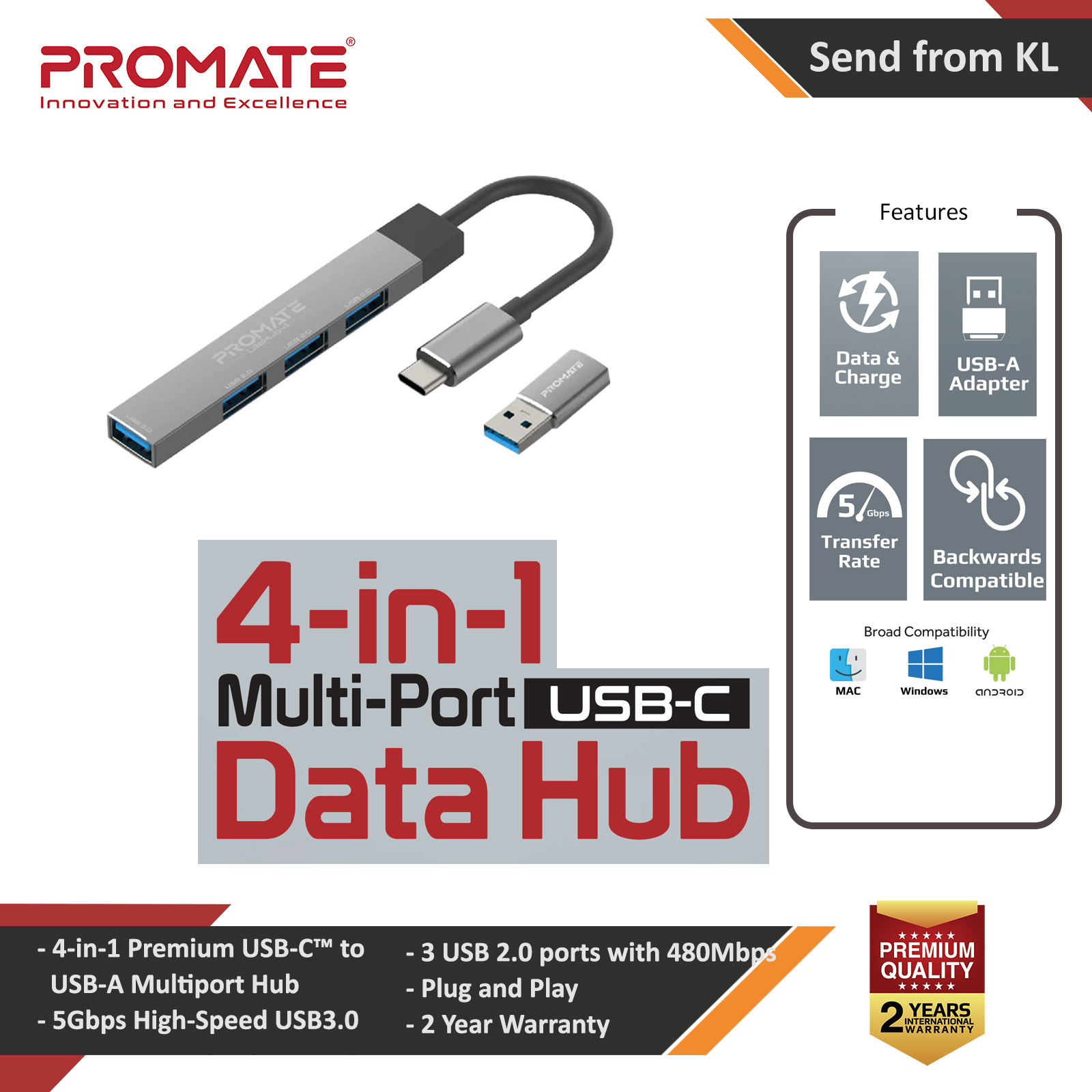 Promate USB-C Hub 4-in-1 Type-C Sync Charge Adapter with USB-A Adapter 5Gbps USB 3.0 Port 480Mbps USB 2.0 Ports and Compact Aluminum Design LiteHub-4 (Grey)
