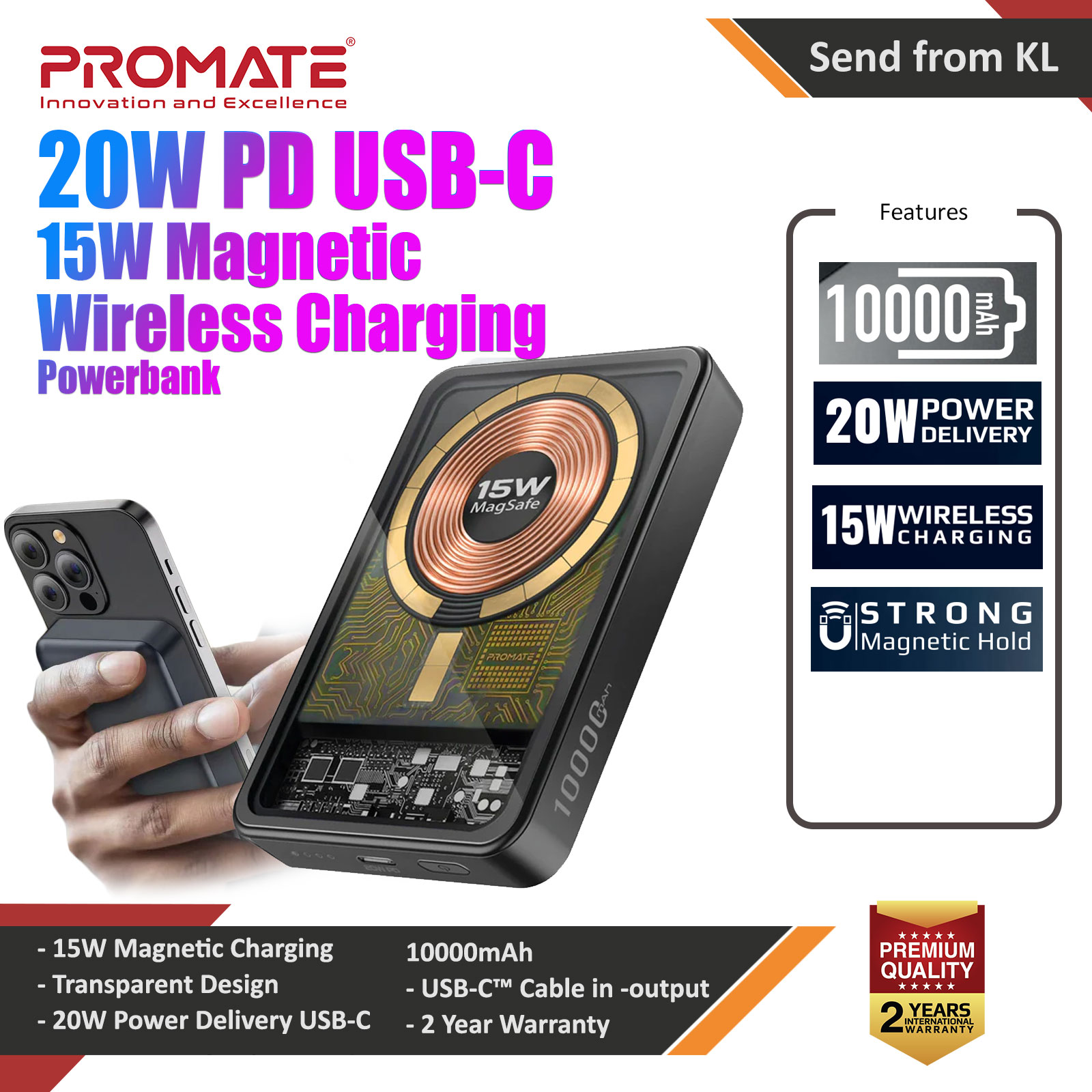 Promate 10000mAh Magsafe Magnetic Wireless Transparent Power Bank Powerbank 15W Wireless 20W Power Delivery USB-C (Black)