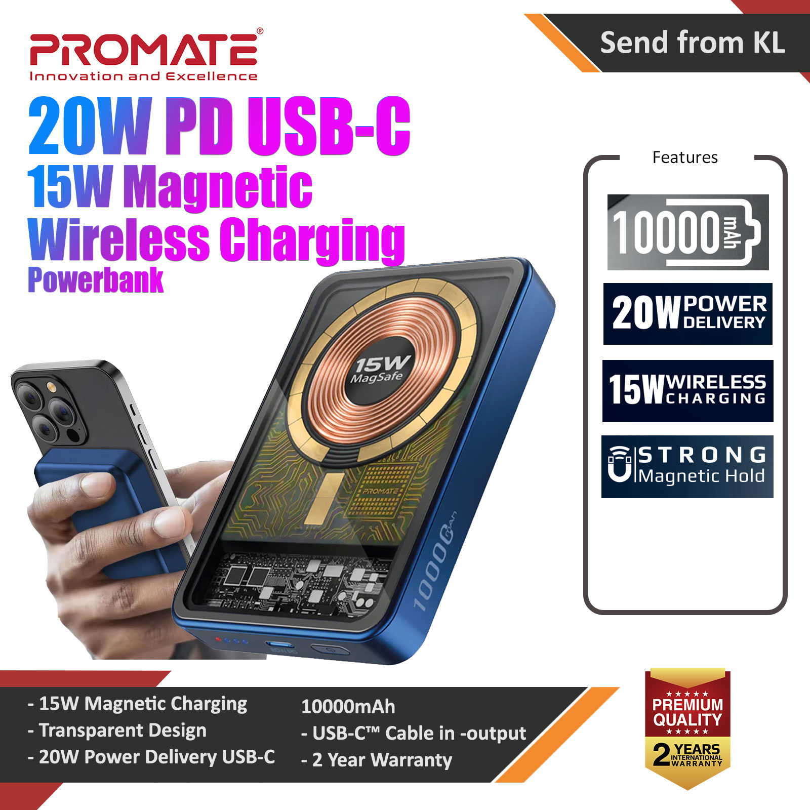 Promate 10000mAh Magsafe Magnetic Wireless Transparent Power Bank Powerbank 15W Wireless 20W Power Delivery USB-C (Blue)