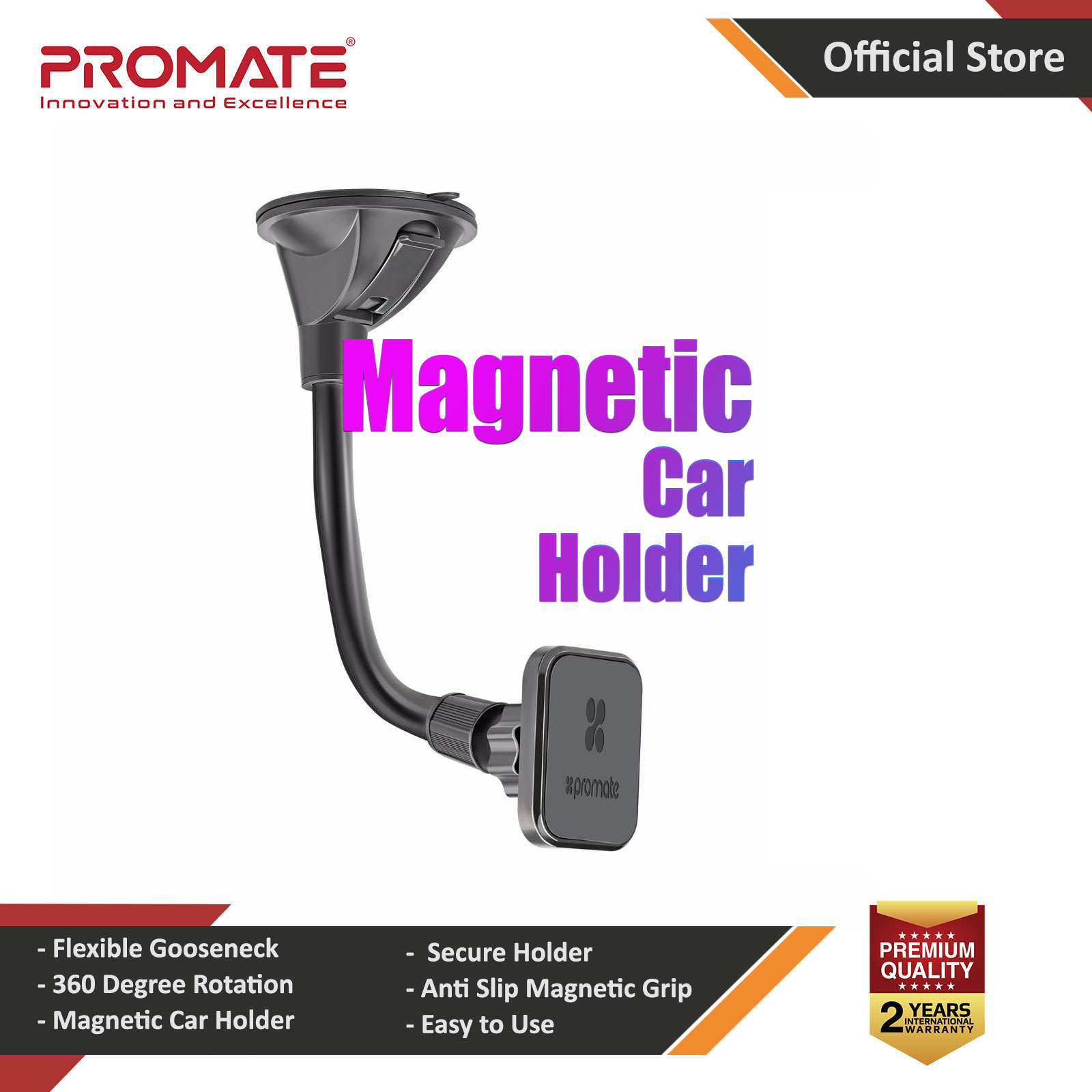 Promate Car Mount Holder, Universal Rotatable Dashboard Car Mount with Flexible/Adjustable Gooseneck and 360 Degree Swivel Head for Smartphones, GPS, Game Devices and Tablets, MagMount-2