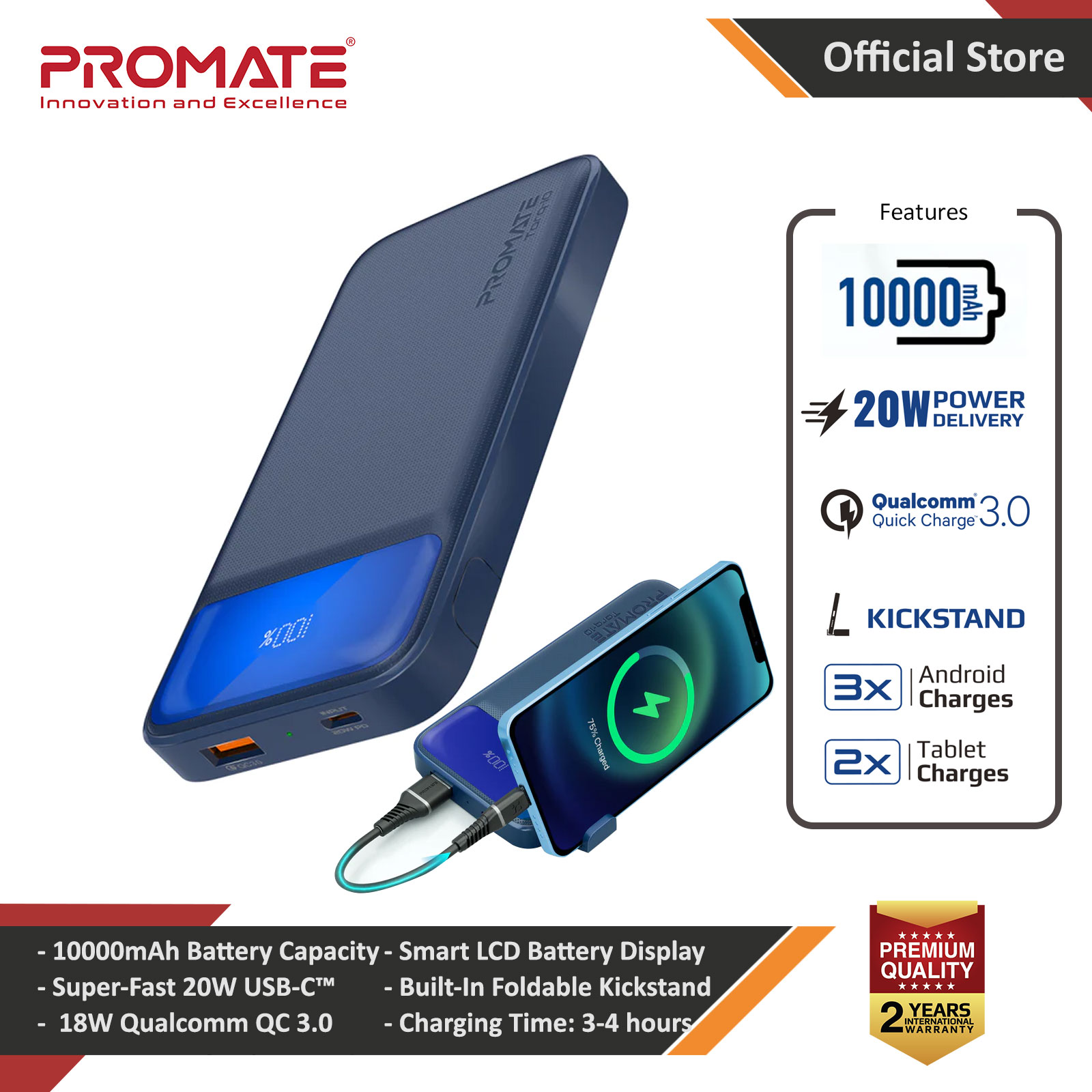 Promate Super Slim Power Bank 10000mAh with 20W Power Delivery 18W QC3.0 USB C Input Output Torq-10 (Blue)