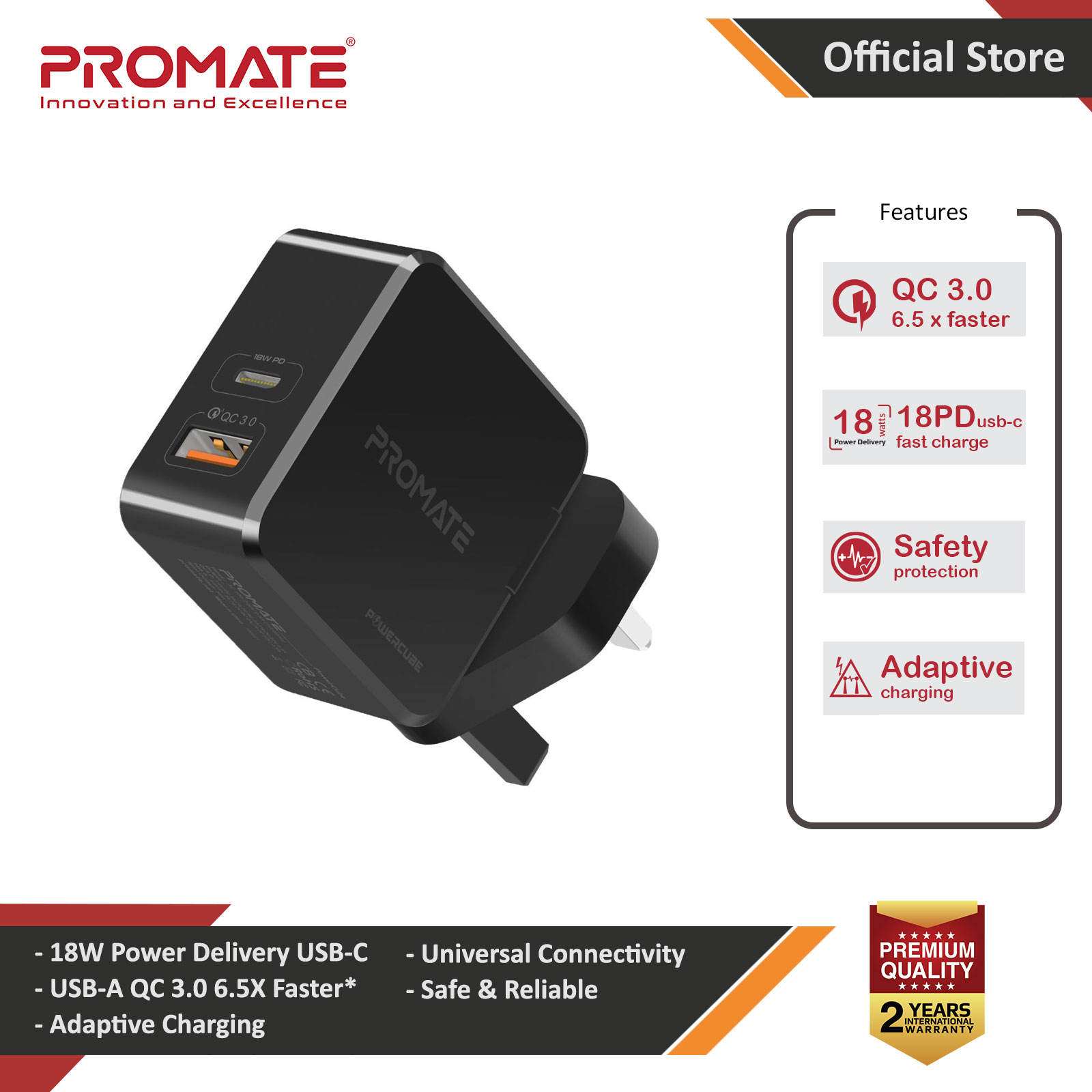 Promate 36W PD USB-C Wall Charger with Qualcomm Quick Charge QC3.0 Port Fast Charging Power Delivery for iPhone 8 and up Quick Charge for All Androids for iPhone 11 Pro Max (Black)