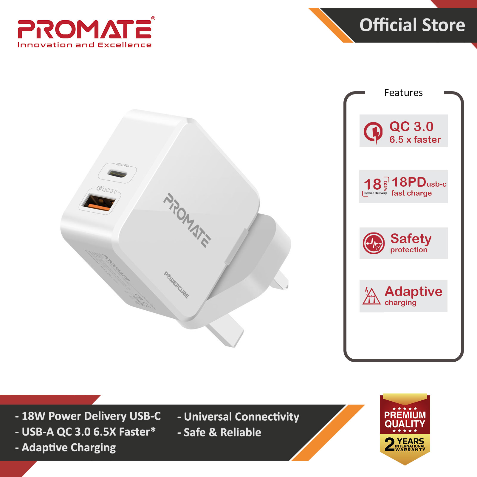 Promate 36W PD USB-C Wall Charger with Qualcomm Quick Charge QC3.0 Port Fast Charging Power Delivery for iPhone 8 and up Quick Charge for All Androids for iPhone 11 Pro Max (White)