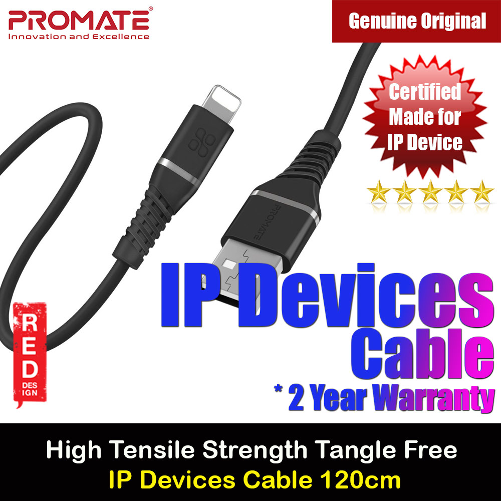 Promate Ultra Fast USB A to Lightning 2.4A Fast Charging Soft Silicone cable for iPhone 13 Pro Max IPad Airpods Pro PowerLine-Ai120 (Black)