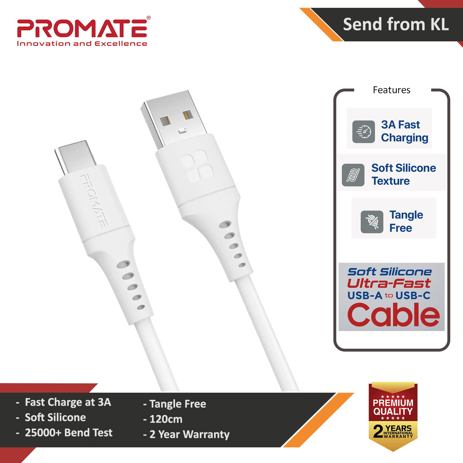 Promate Ultra Fast USB A to USB C 3A Fast Charging Soft Silicone cable for Smartphones Tablets Galaxy S22 Ultra Vivo Huawei Oppo (White)