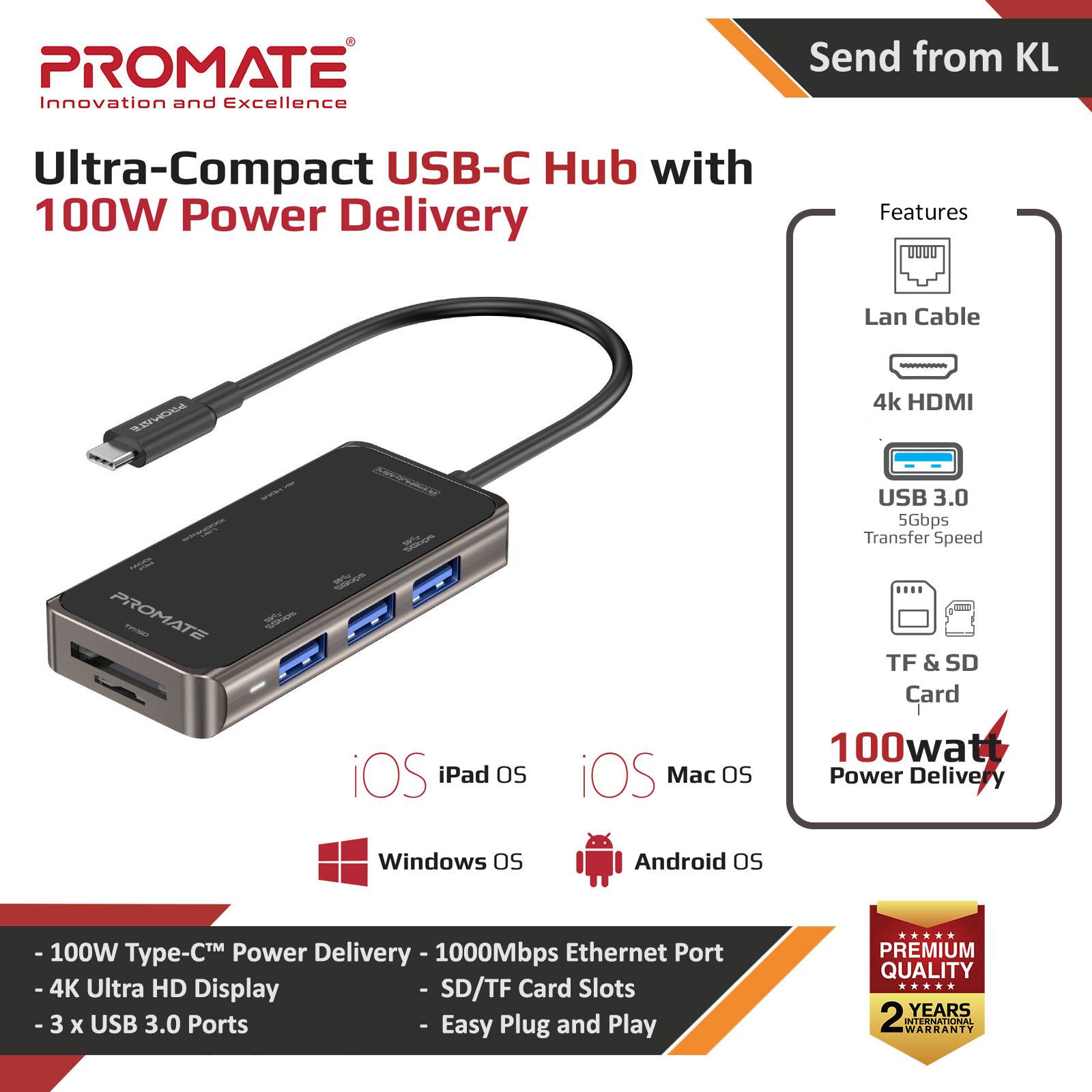 Promate USB-C™ Hub to 4K HDMI 100W Power Delivery RJ45 Lan Ethernet Port 3 USB 3.0 Ports Micro SD Slot PrimeHub-Mini