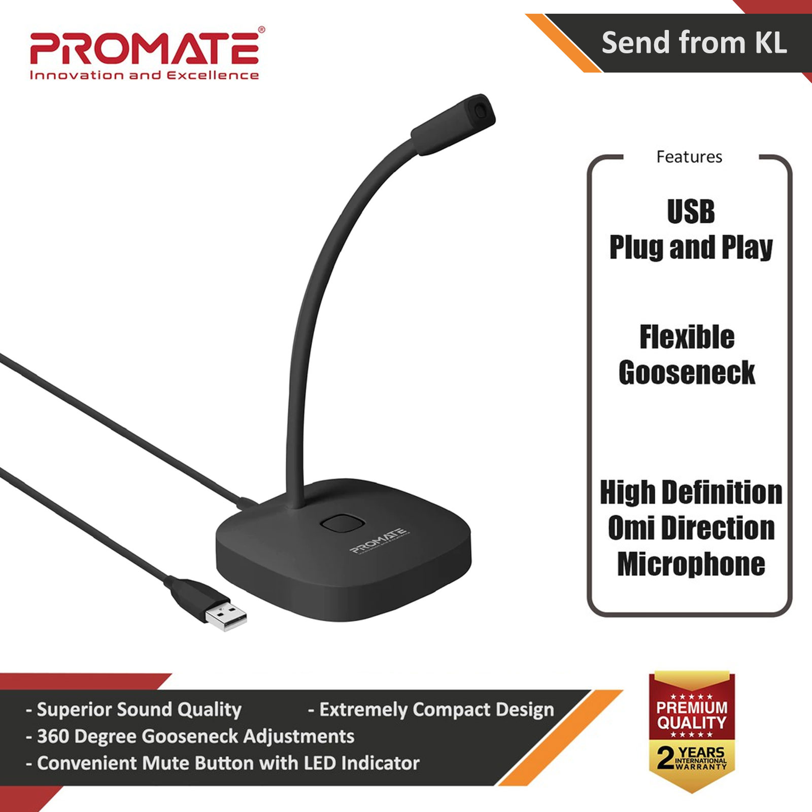 Promate USB Desktop Microphone, High Definition Omni-Directional USB Microphone with Flexible Gooseneck, Mute Touch Button, LED Indicator and Built-In Anti-Tangle Cord for PC, Laptop, Recording, Gaming, ProMic-1