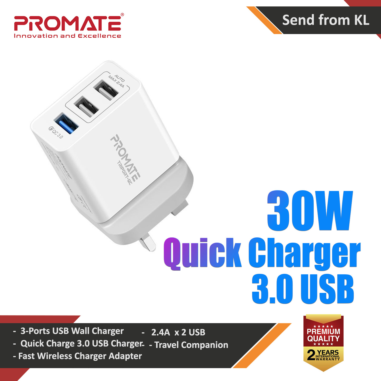 Promate Quick Charger 3.0 USB Wall Charger Heavy Duty 3 Port 30W Wall Adapter with Fast Charge Qualcomm QC 3.0 Port 2.4A Dual USB Port and Automatic Voltage Regulation for Smartphones Tablets TriPort-QC (White)