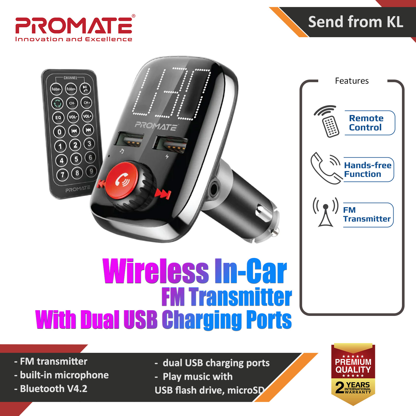 Promate Wireless FM Transmitter In-Car Bluetooth V4.2 FM Transmitter Car Kit with Smart LED Display 3.4A Dual USB Port Car Charger AUX Input Micro-SD Card Slot Remote Control and Hands-Free Calling for Smartphones Tablet MP3 - SmarTune-3