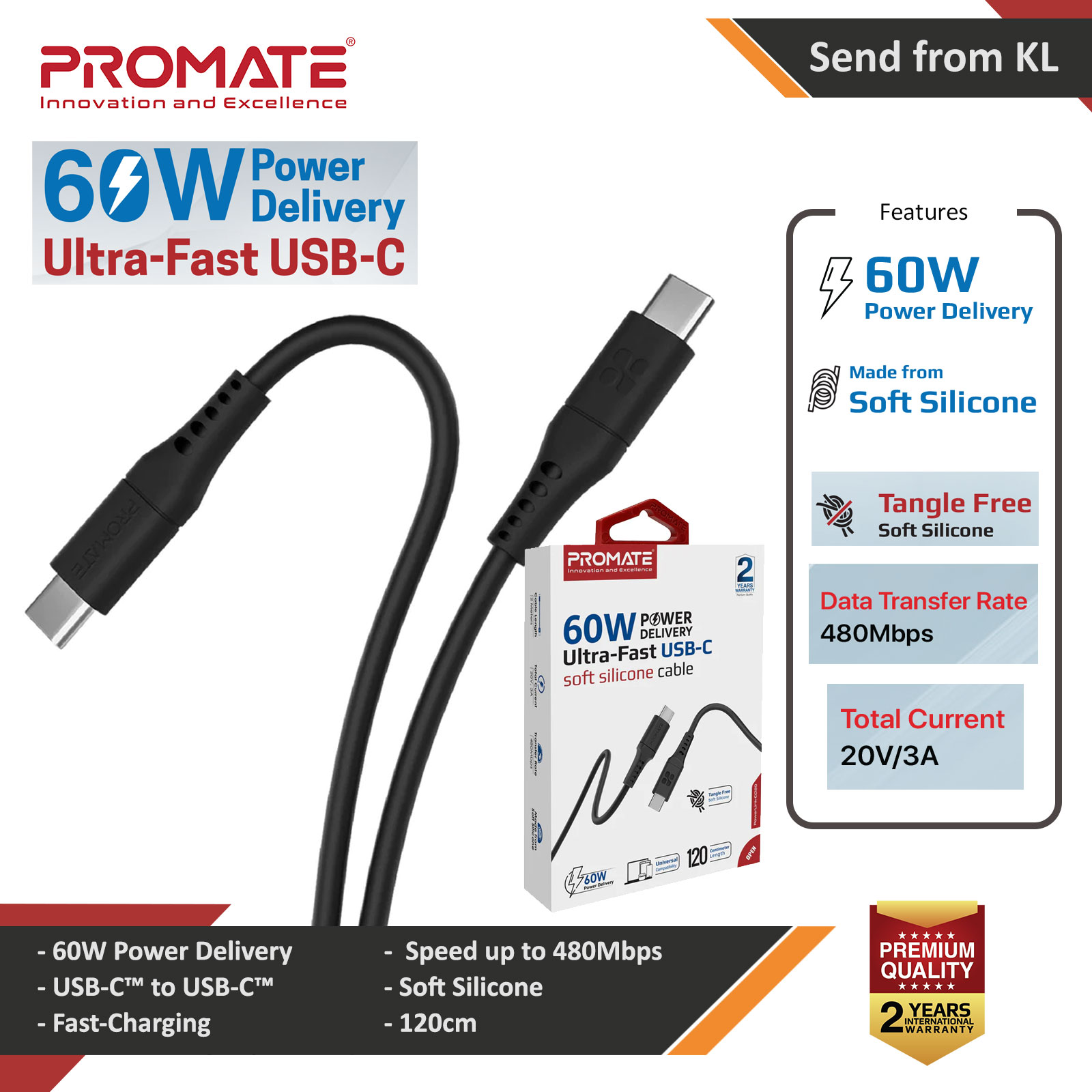 Promate USB-C Cable Ultra-Fast 60W Power Delivery Type-C Charging Cable with 480Mbps Sync Charge for Smartphone Tablet  PowerLink-CC120 (Black)