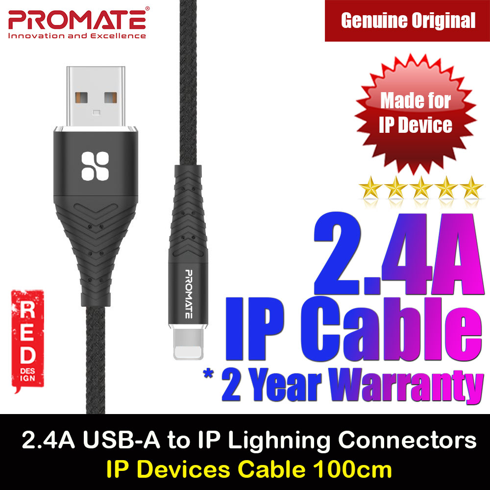 Promate USB A to Lightning 2.4A Fast Charging Fabric Braided Cable for iPhone 13 Pro Max IPad Airpods Pro iCord-1 (Black)