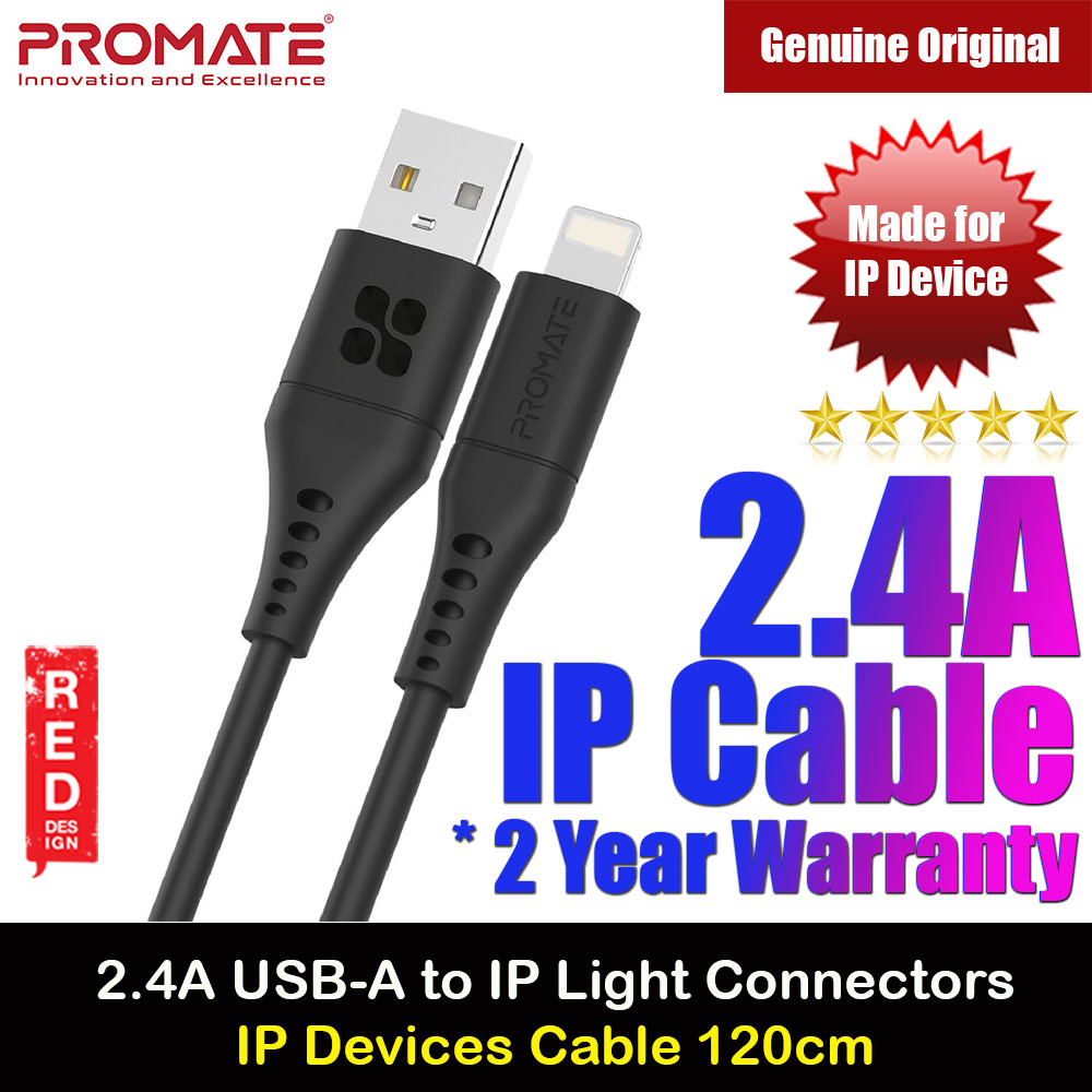Promate USB A to Lightning 2.4A Fast Charging Soft Silicone Cable for iPhone 13 Pro Max IPad Airpods Pro PowerLink-Ai120 (Black)