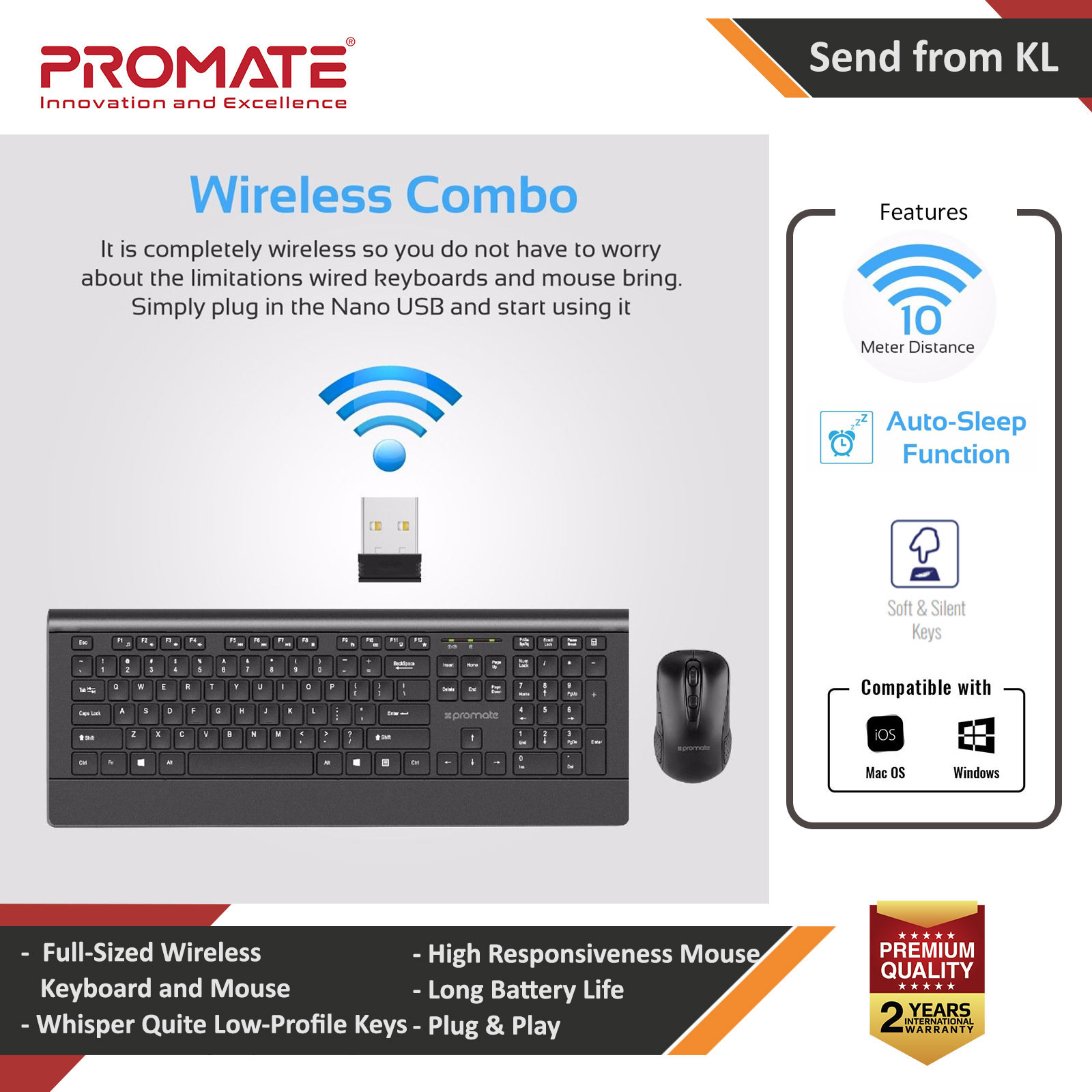 Promate Wireless Keyboard and Mouse Ergonomic Ultra-Slim 2.4GHz Cordless Combo Keyboard and 5 Button DPI Mouse with Wrist Rest Panel and Auto-Sleep Function for Desktop PC Windows iOS ProCombo-4