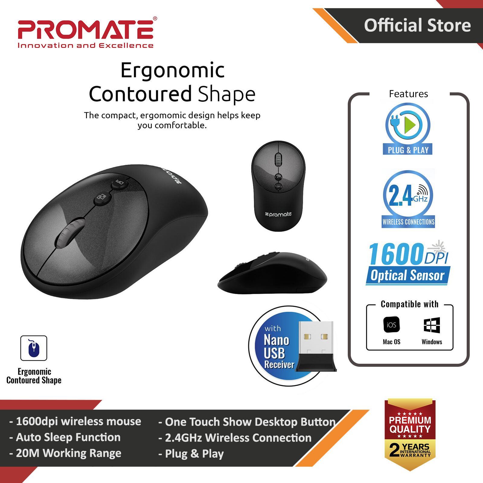 Promate Wireless Mouse Lightweight 2.4Ghz Wireless Optical Mouse with USB Nano Receiver for PC Laptop Tablet Mac Clix-2