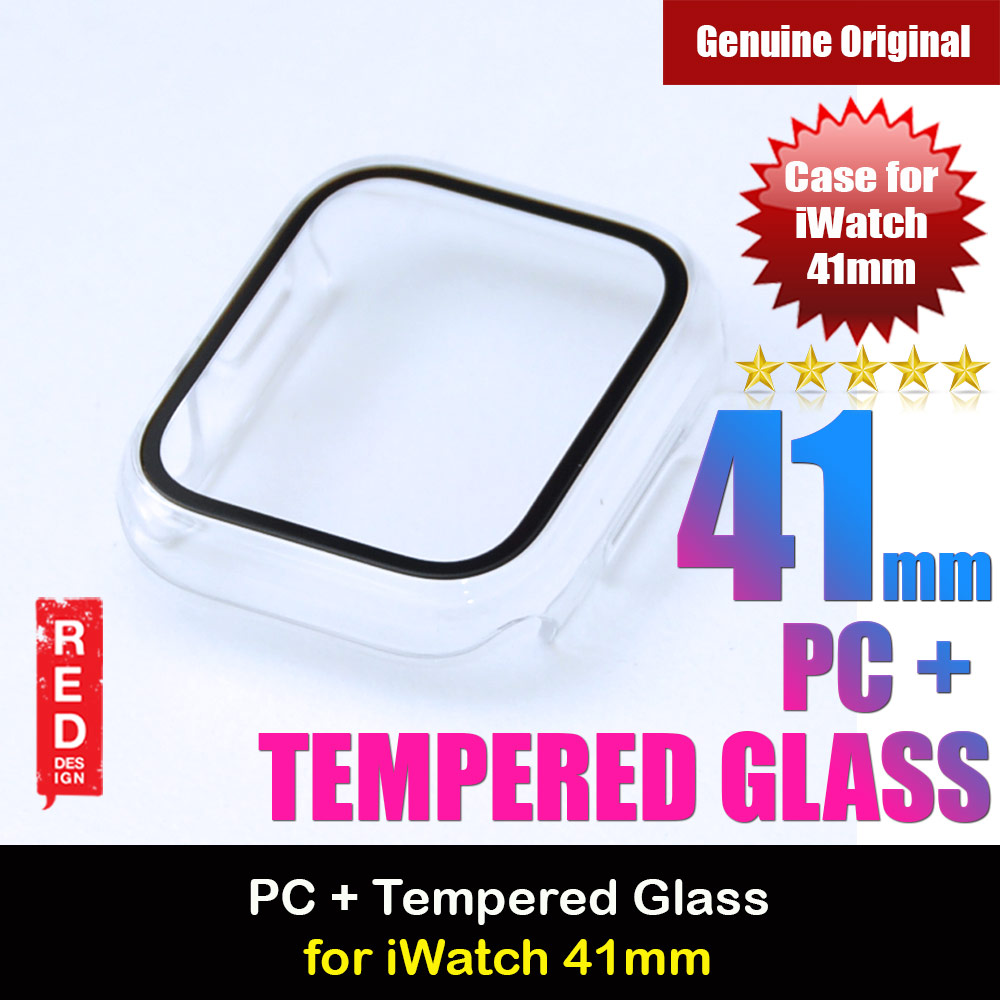 Red Design PC and Tempered Glass Full Coverage Case Splash Proof for Apple Watch 41mm Series 7 (Clear)