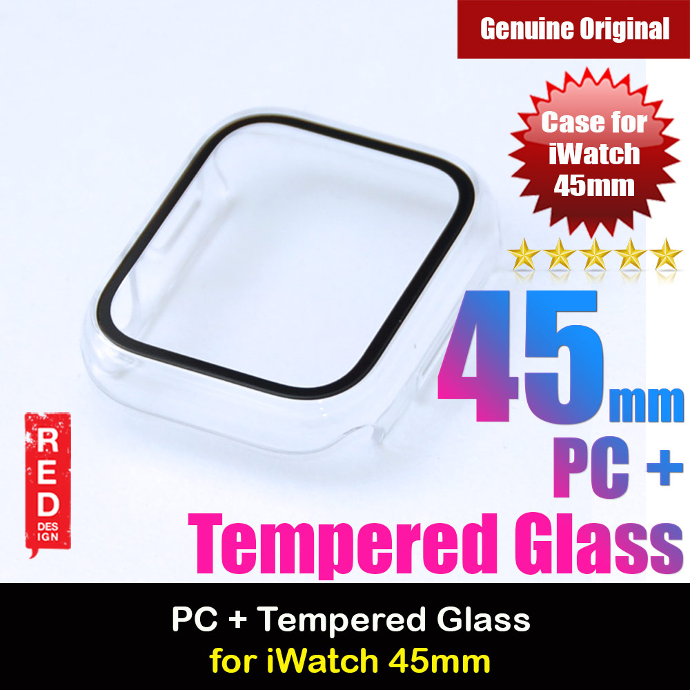 Red Design PC and Tempered Glass Full Coverage Case Splash Proof for Apple Watch 45mm Series 7 (Clear)