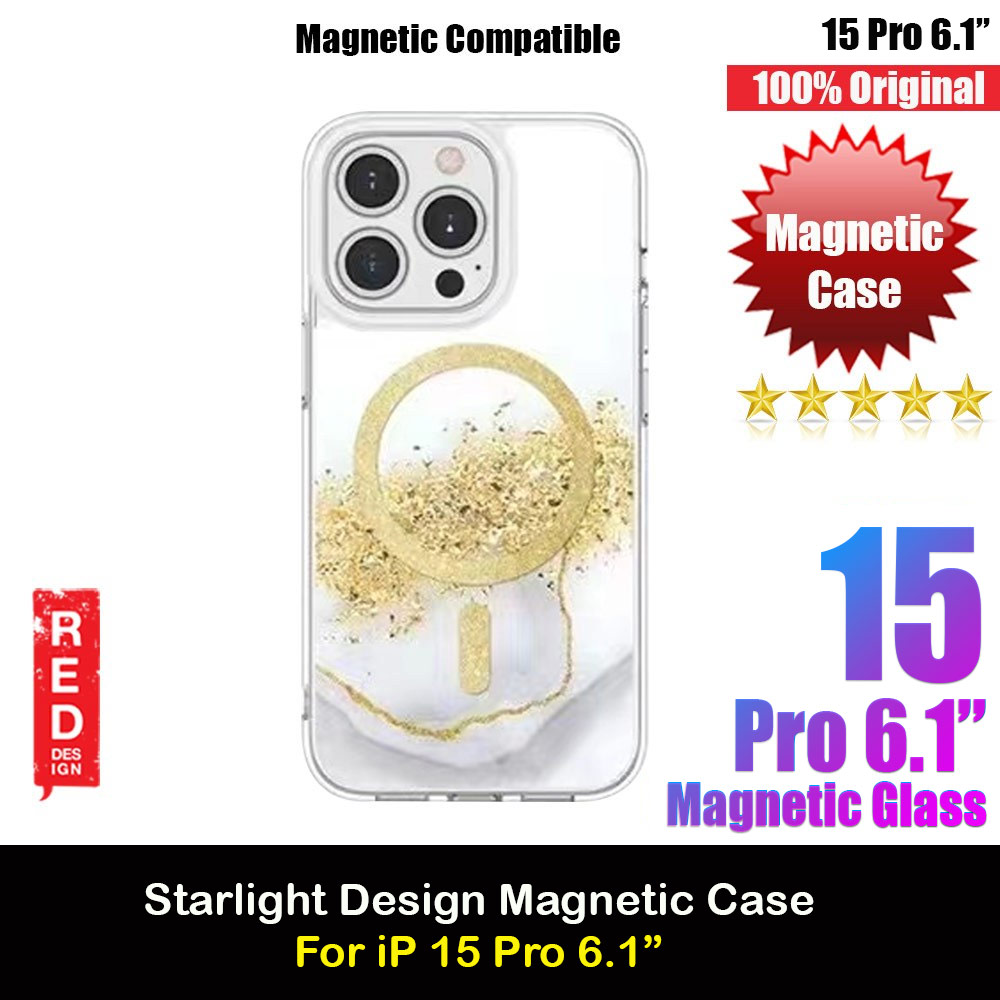 Red Design Choices Starlight Shining Magnetic Magsafe Compatible Case for Apple iPhone 15 Pro 6.1 (Gold White Marble)