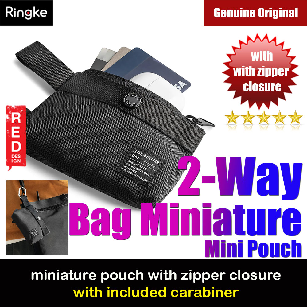 Ringke Mini Pouch 2 Way Bag Miniature with Zipper Closure with Carabiner for Small Gadgets (Black)