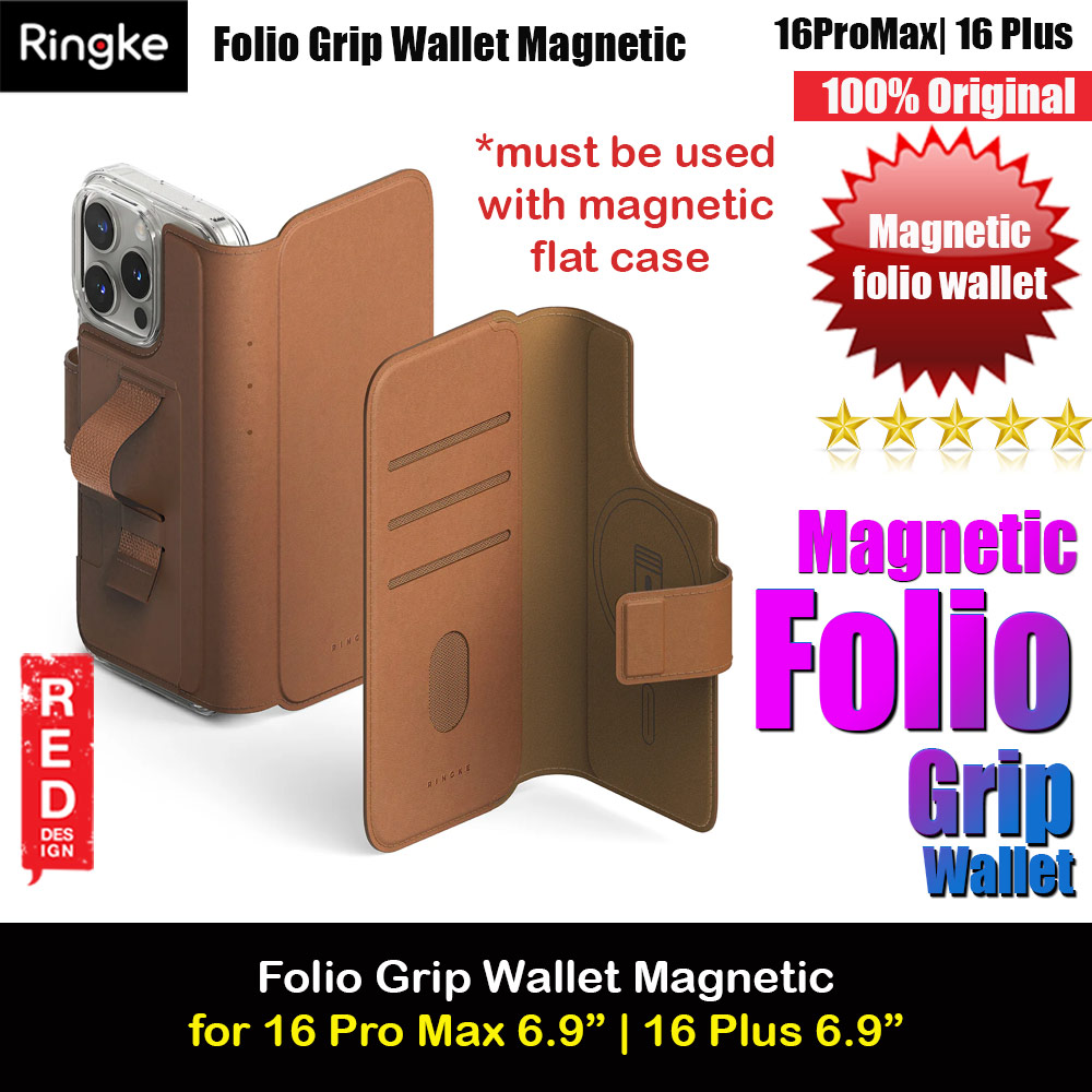 Ringke Folio Grip Wallet Magnetic Flip Cover Card Holder for iPhone 16 Pro Max iPhone 16 Plus (Brown)