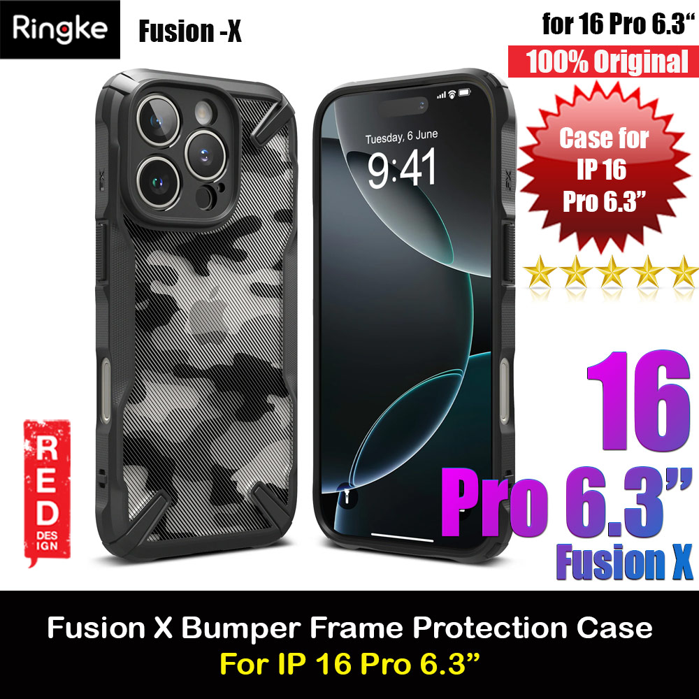 Ringke Fusion X Hybrid PC and TPU Frame Drop Protection Case for Apple iPhone 16 Pro 6.3 (Camo Black)