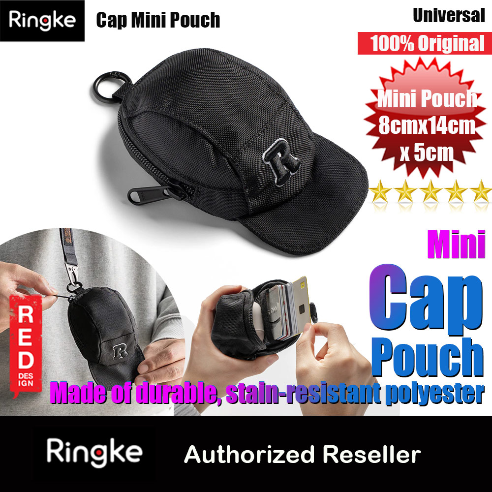 Ringke Mini Pouch Baseket Ball Cap Design Bag with high quality zipper closure with Carabiner for Small Gadgets (Black)