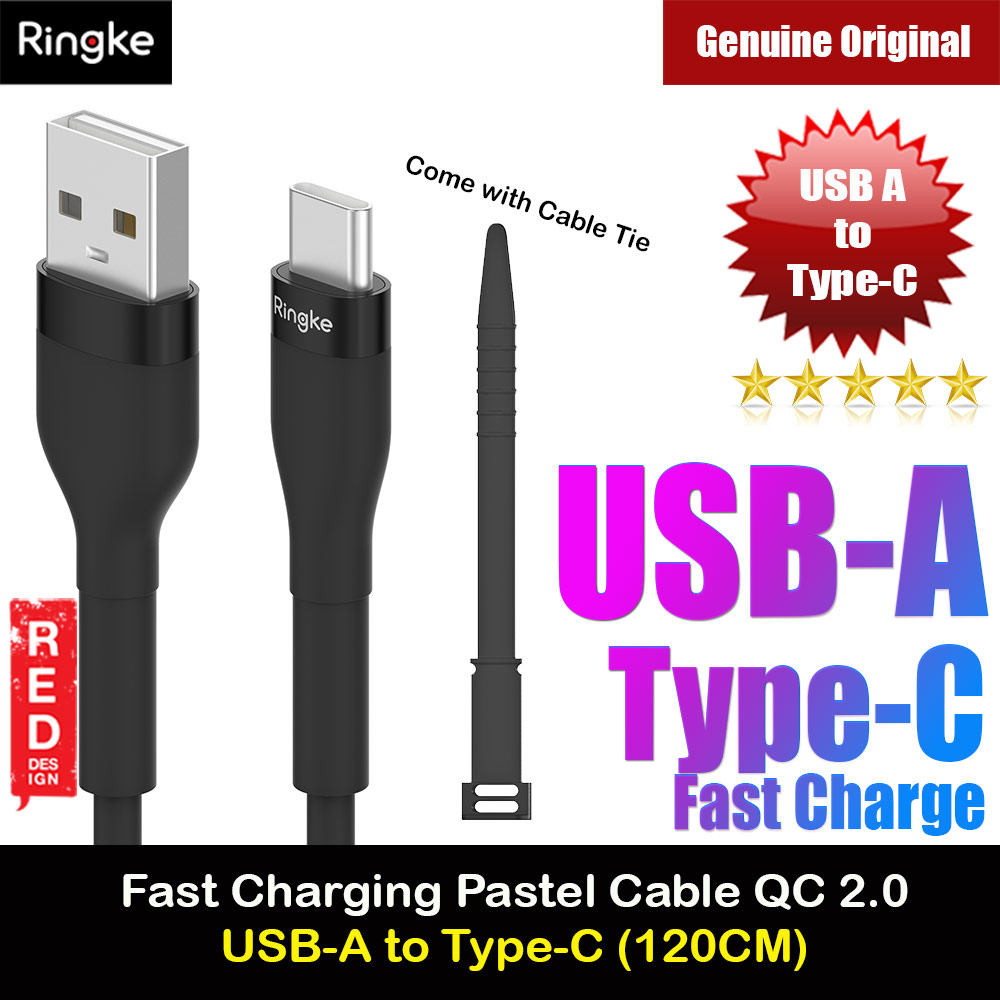 Ringke Pastel TPE Durable Cable with Cable Tie Organizer QC2.0 Fast Charge USB A to Type C (Black 120cm)