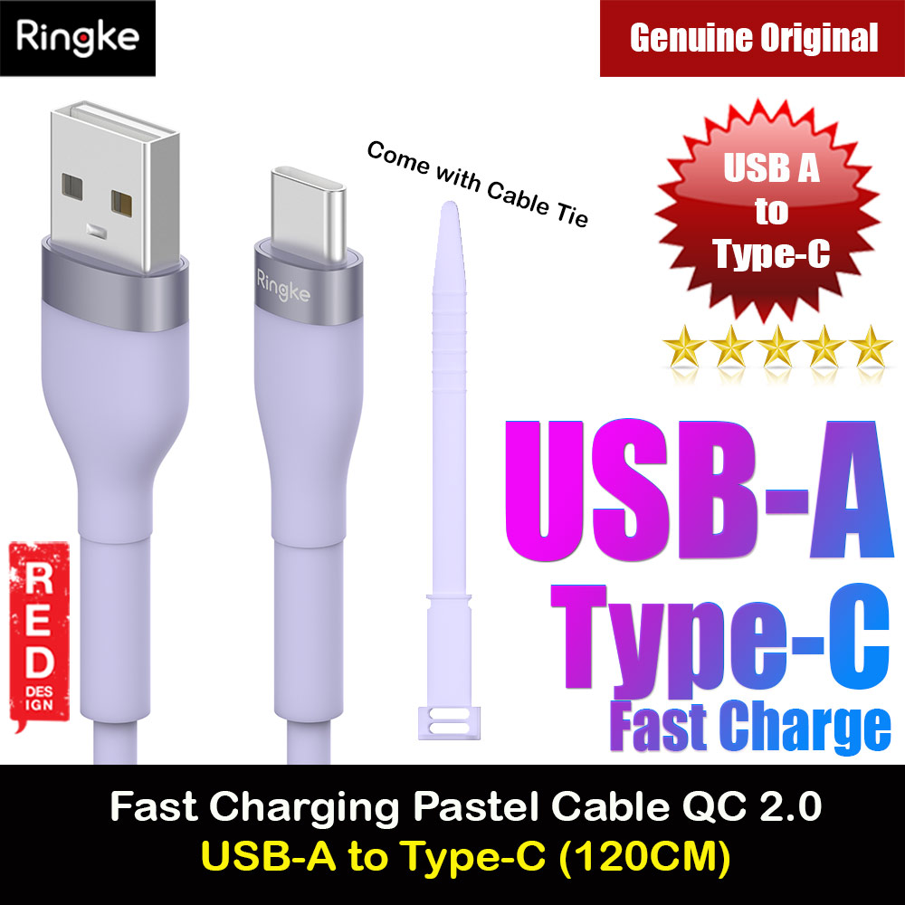 Ringke Pastel TPE Durable Cable with Cable Tie Organizer QC2.0 Fast Charge USB A to Type C (Purple 120cm)