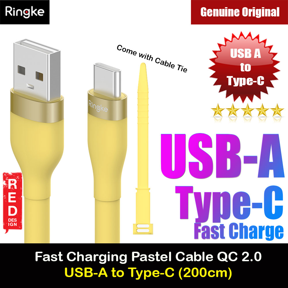 Ringke Pastel TPE Durable Cable with Cable Tie Organizer QC2.0 Fast Charge USB A to Type C (Yellow 200cm)