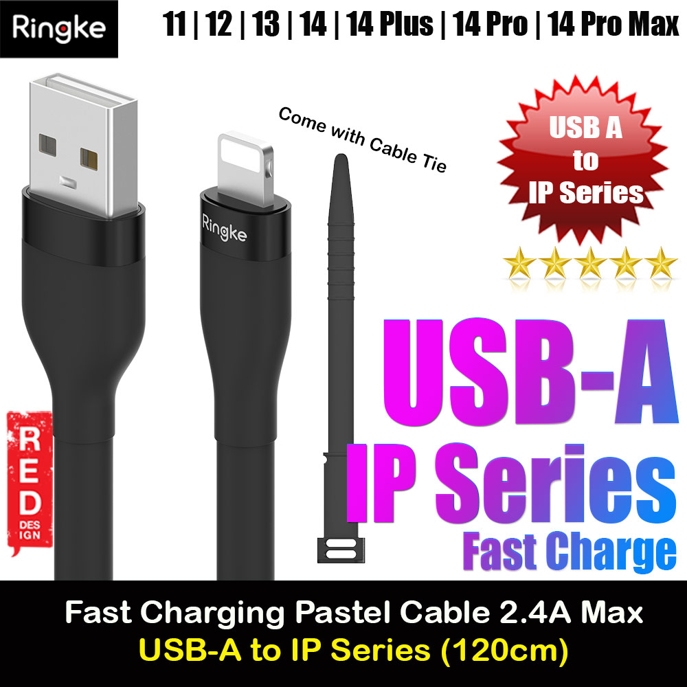 Ringke Pastel TPE Durable Cable with Cable Tie Organizer 2.4A Fast Charge USB A to Lightning (Black 120cm)