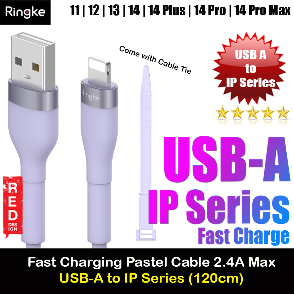 Ringke Pastel TPE Durable Cable with Cable Tie Organizer 20W Fast Charge USB C to Lightning (Purple 120cm)