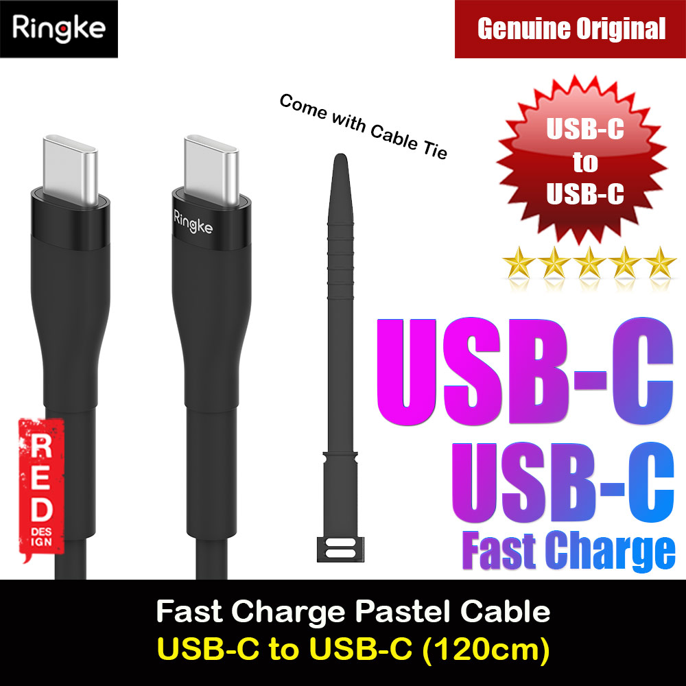 Ringke Pastel TPE Durable Cable with Cable Tie Organizer 3A Max 60W Fast Charge USB C to Type C (Black 120cm)