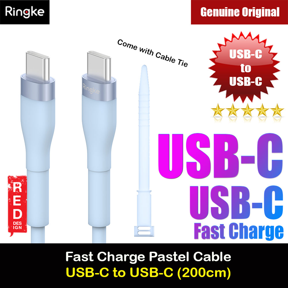 Ringke Pastel TPE Durable Cable with Cable Tie Organizer 3A Max 60W Fast Charge USB C to Type C (Blue 200cm)