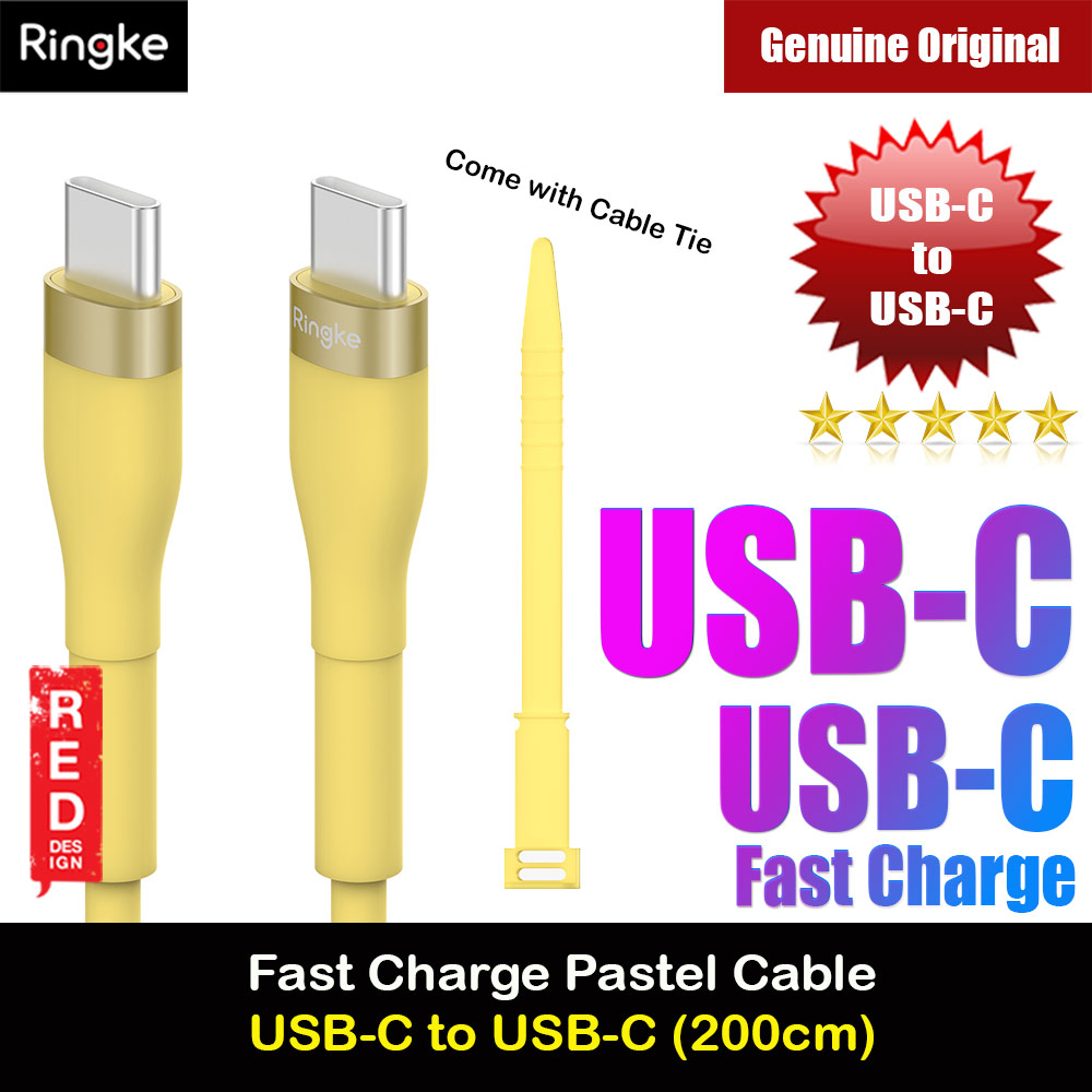 Ringke Pastel TPE Durable Cable with Cable Tie Organizer 3A Max 60W Fast Charge USB C to Type C (Yellow 200cm)