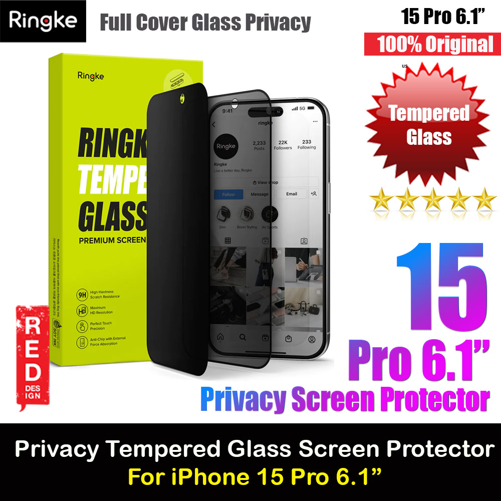 Ringke Tempered Glass Full Cover Glass Screen Protector with Installation Jig Helper for iPhone 15 Pro 6.1 (Privacy Anti View Peep Spy Black)