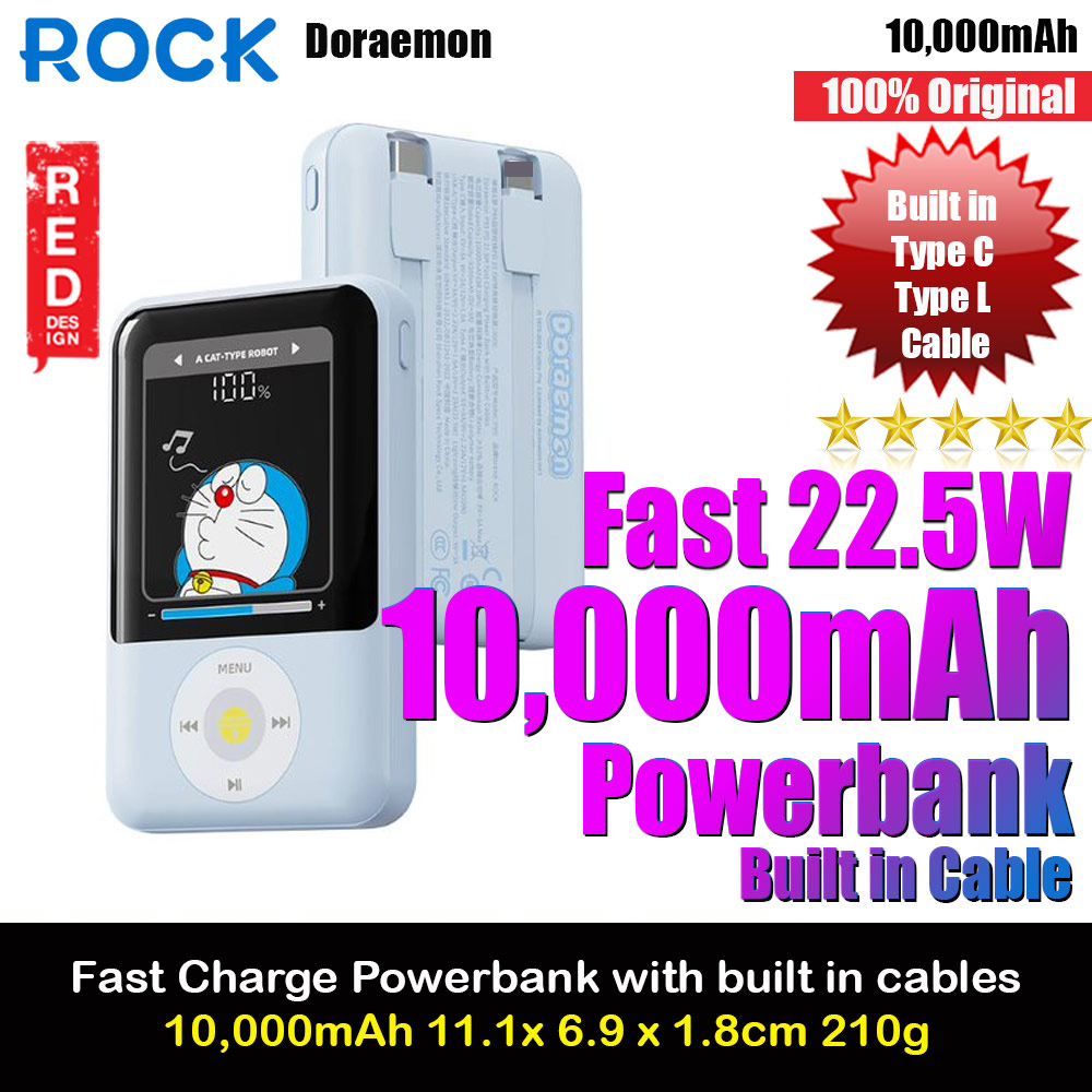 Rock CCC 3C Certified Power Bank Mini Compact Size PD 20W 10000mAh Travel Portable Small Palm Size Compact Mini CCC Power Bank powerbank with Multiple Built in Cable USB C USB L (Doraemon)