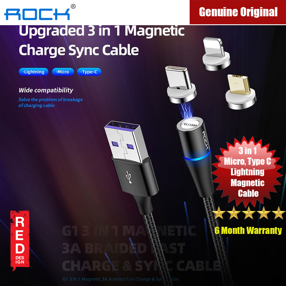 ROCK G1 3 in 1 Magnetic 3A Braided Charge and Sync Type C Lighting Micro USB Cable (Black)