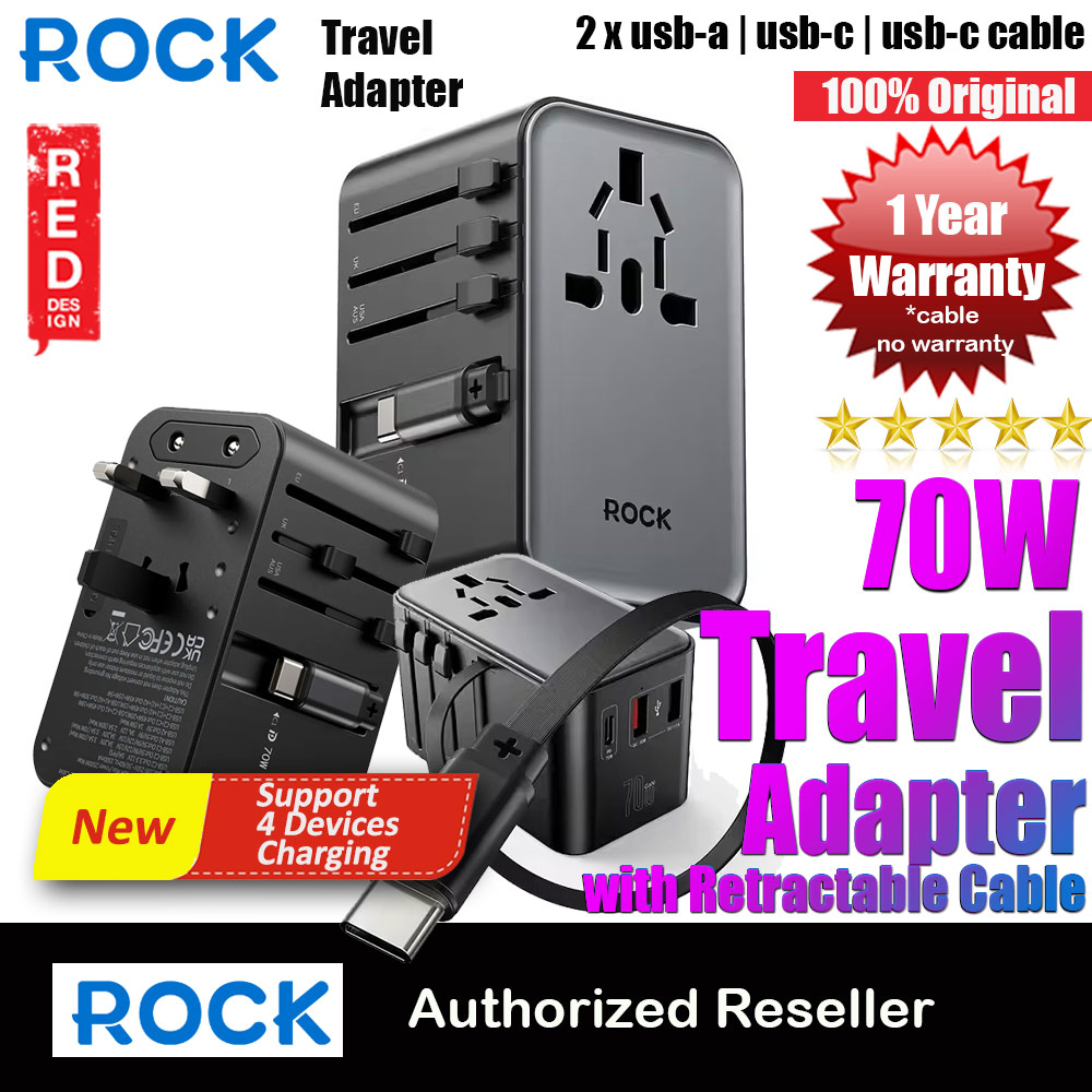 Rock Go Travel PD 70W Power Delivery Gan Fast Charge Universal Travel Adapter Charger with 2 USB A 1 USB C 1 Built in USB C Cable Smart Charging Surge Protected Charger (Black)