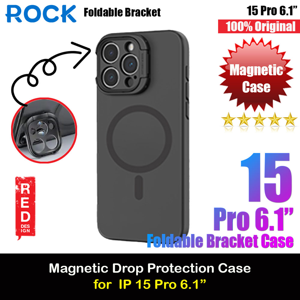 Rock Guard Foldable Lens Bracket Kickstand Magnetic Drop Protection Case for iPhone 15 Pro 6.1 (Black)