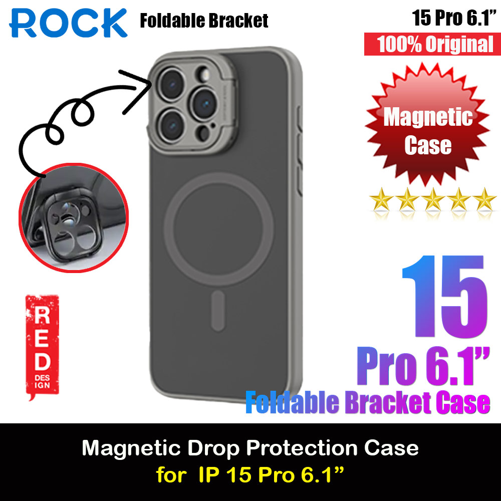 Rock Guard Foldable Lens Bracket Kickstand Magnetic Drop Protection Case for iPhone 15 Pro 6.1 (Grey)
