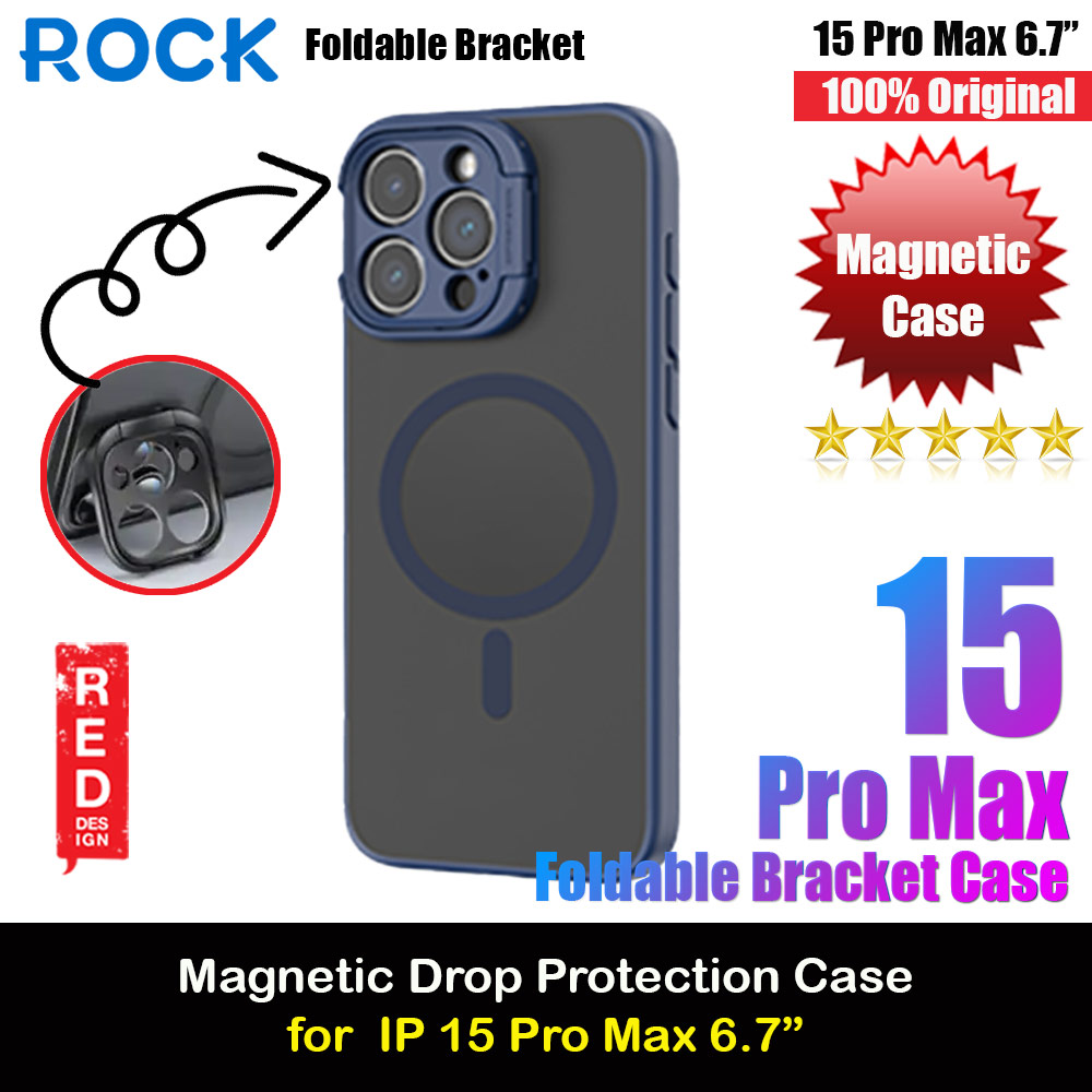 Rock Guard Foldable Lens Bracket Kickstand Magnetic Drop Protection Case for iPhone 15 Pro Max 6.7 (Blue)