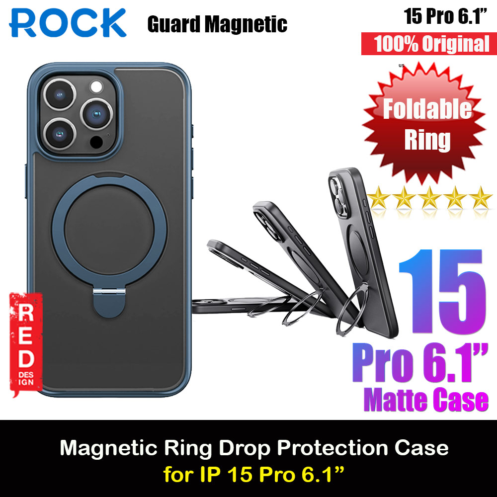 Rock Guard Magnetic Foldable Ring Stand Drop Protection Case for iPhone 15 Pro 6.1 (Matte Titanium Blue)