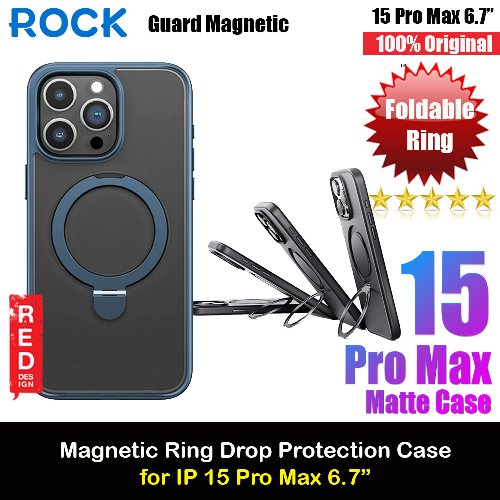 Rock Guard Magnetic Foldable Ring Stand Drop Protection Case for iPhone 15 Pro Max 6.7 (Matte Titanium Blue)