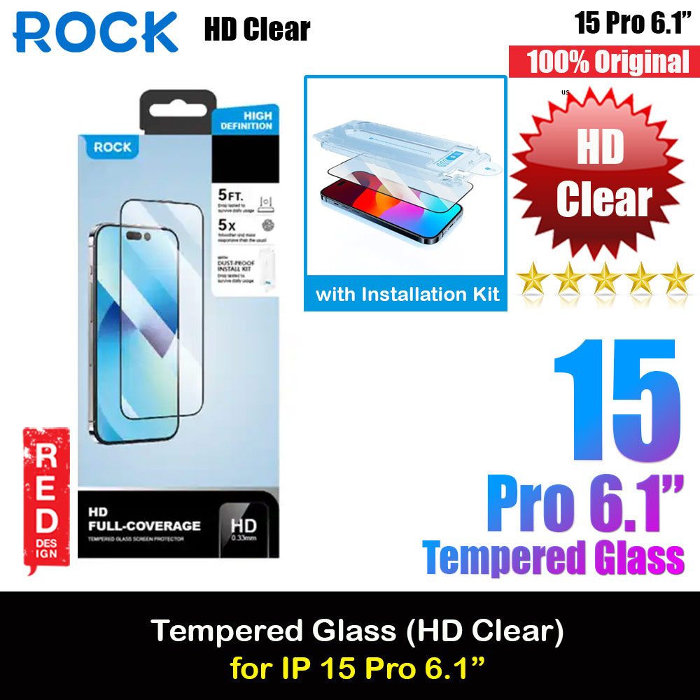 Rock 4K HD Full Coverage Tempered Glass with Installation Kit Helper for iPhone 15 Pro 6.1 (HD Clear)