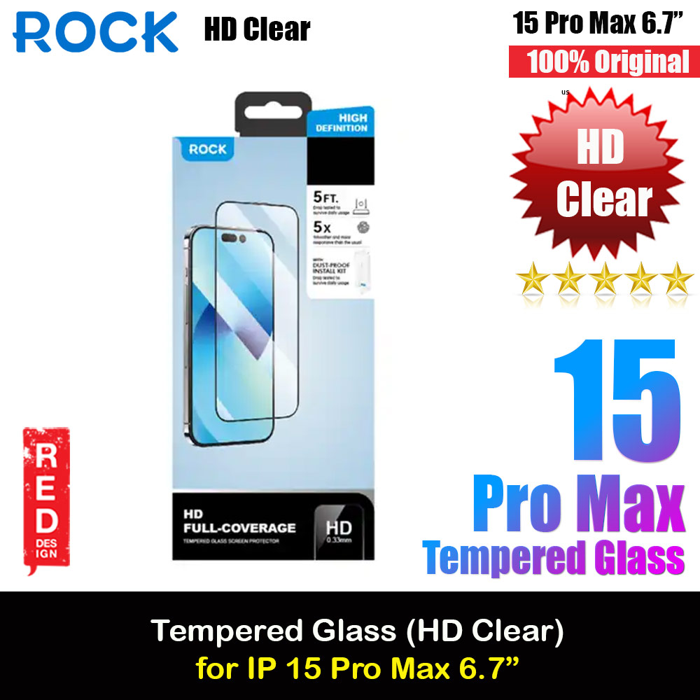Rock 4K HD Full Coverage Tempered Glass for iPhone 15 Pro Max 6.7 (HD Clear)
