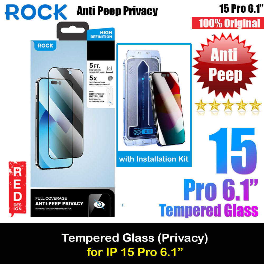 Rock Anti Peep HD Full Coverage Tempered Glass with Installation Kit Helper for iPhone 15 Pro 6.1 (Privacy)