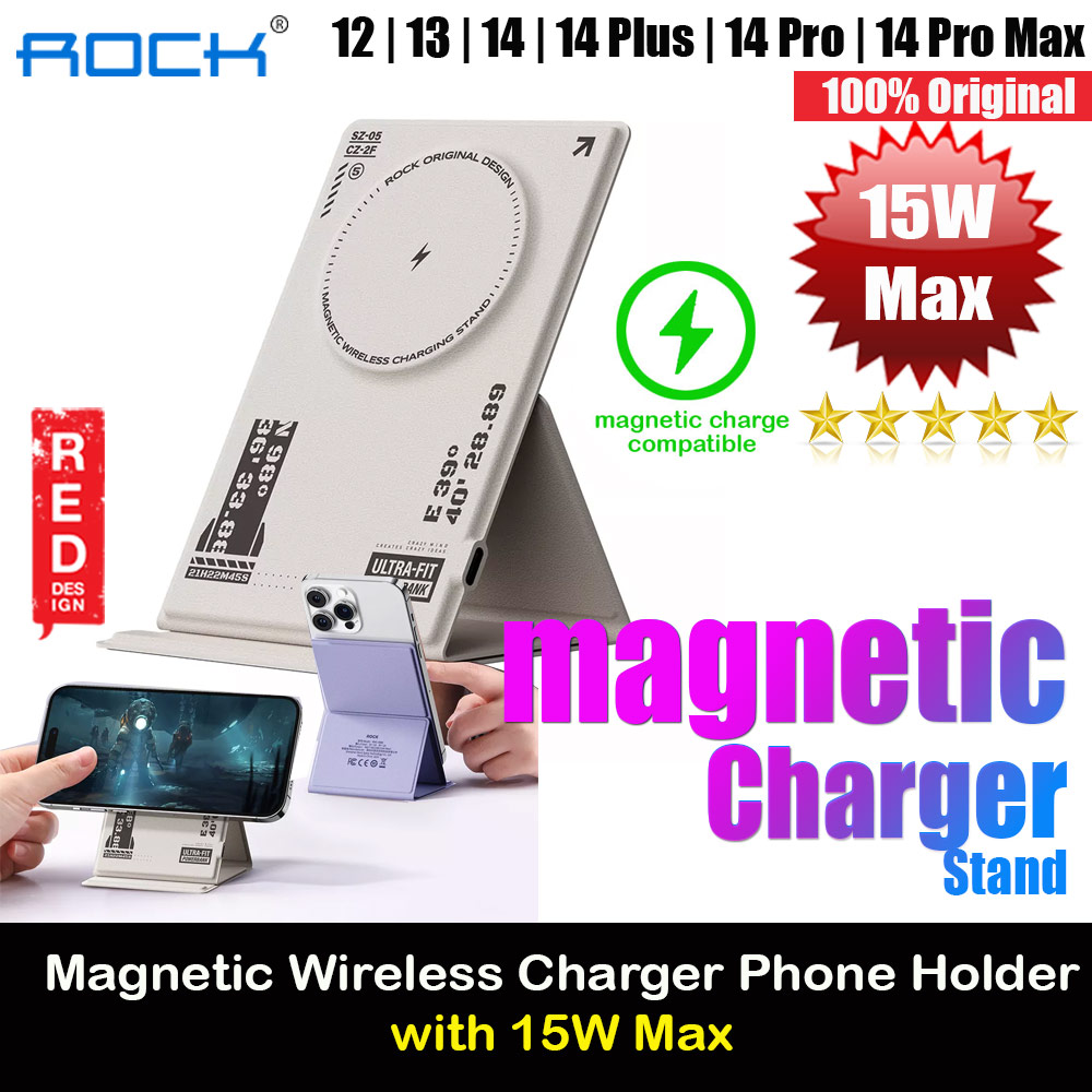 ROCK W50 PU Leather Phone Holder Stand with Magnetic Wireless Charging Fast Wireless Charger 15W Max for IPhone 14 Pro Max 13 Pro Max 12 Pro Max (White)